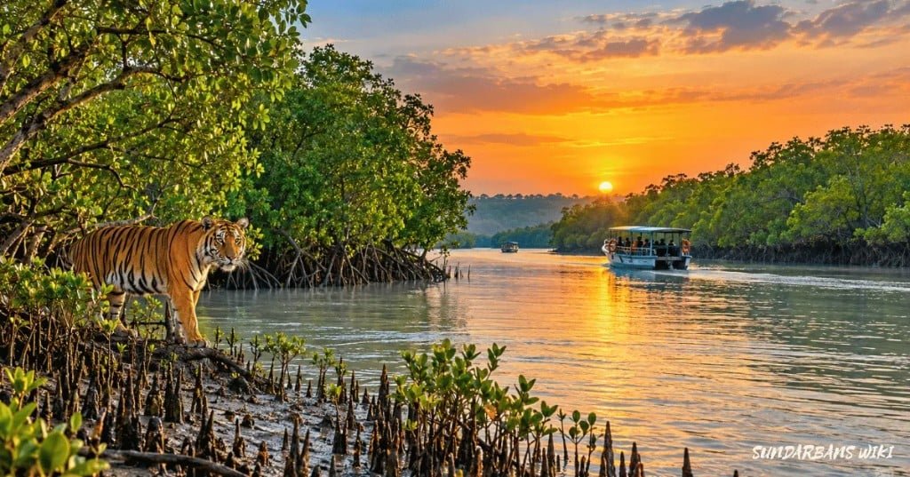 Royal Bengal tiger on a mangrove mudbank at sunset as a tourist boat cruises a wide creek in the Indian Sundarbans, West Bengal.