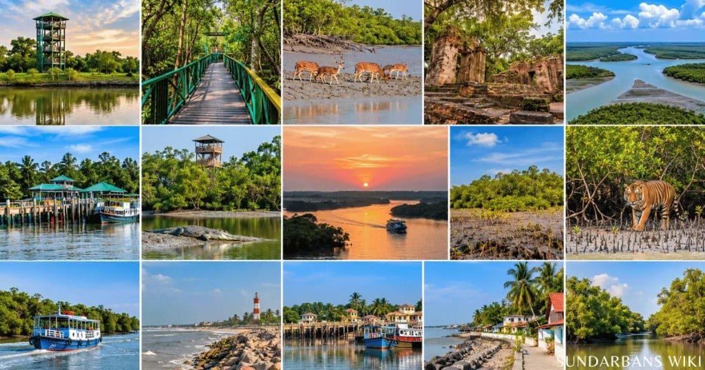 Collage of Indian Sundarbans places — watch towers, mangrove boardwalks, spotted deer, river lodges, crocodiles on mudbanks, boat cruises, Royal Bengal tiger habitat, jetties, and tidal creeks in West Bengal.